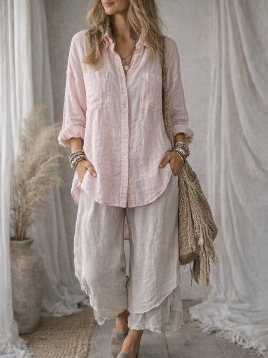 J. Jill Tops - J. Jill Love Linen Button Up Tunic Top Double Pocket Pink XL Blouse Lagonlook